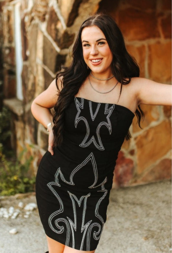 black denim dress western Rodeo Diva Fringe Denim Dress In Black