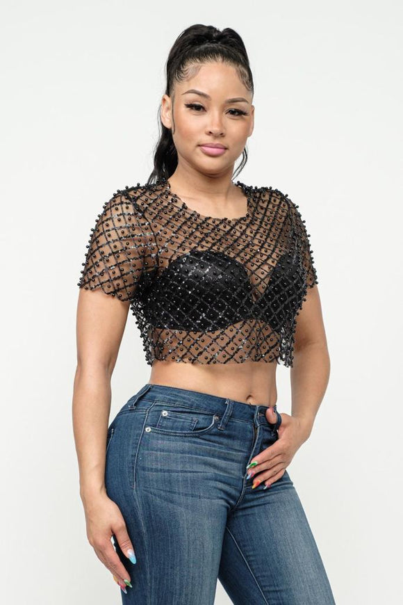 Mesh Sequin Top Black Short Sleeve โ THE JUVE BOUTIQUE